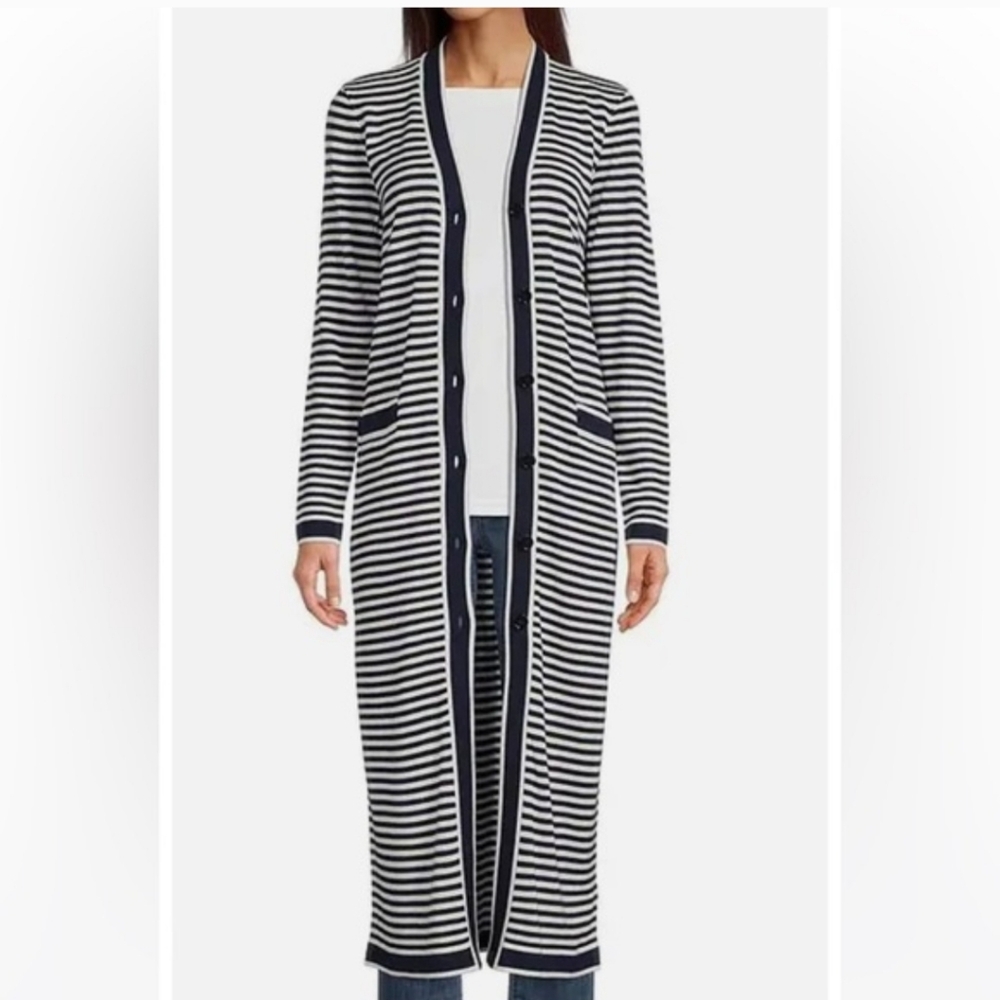 NWT Lauren Ralph Lauren Long Striped Silk Blend Cardigan Navy Nautical Size L - Picture 3 of 16